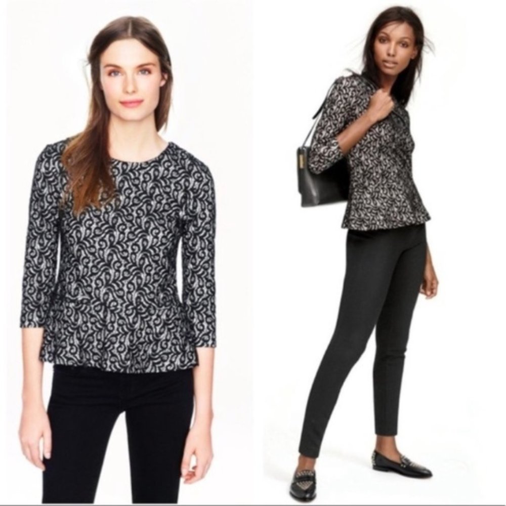 J. Crew Black and White Lace Peplum Top NWOT